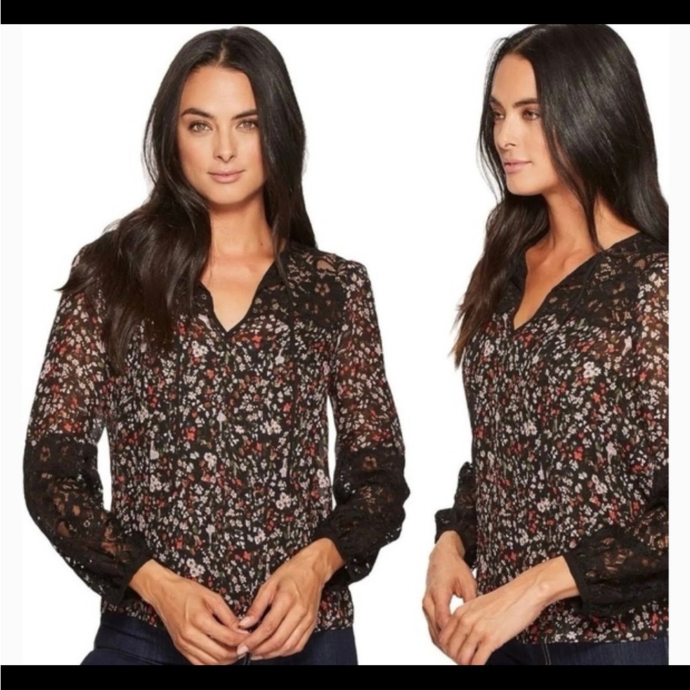 Rebecca Taylor Lyra Floral Chiffon & Lace Blouse Size 2 Balloon Sleeves